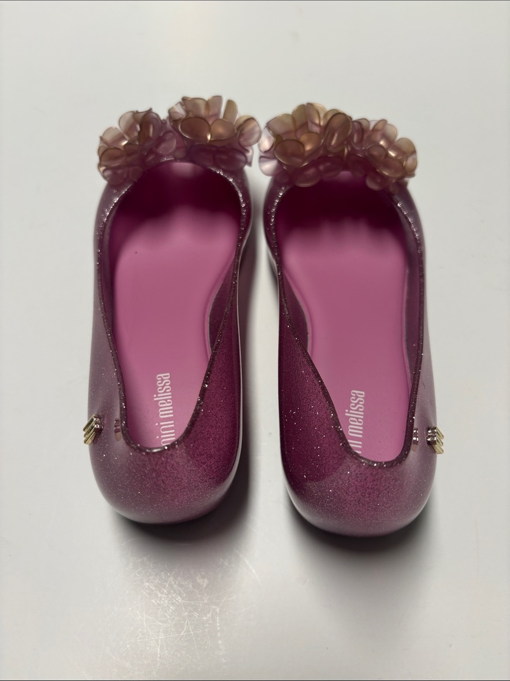 Mini Melissa Pink Glitter Floral Jelly Flats with Champagne Flowers girls size - Picture 6 of 10